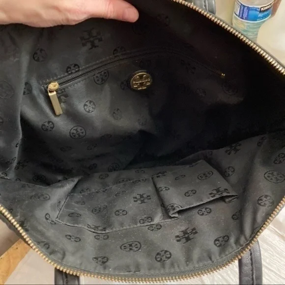 Tory Burch black nylon leather quilted zipper tote bag